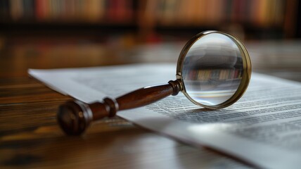 Magnifying glass enlarging text on paper, placed wooden desk