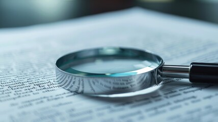 Magnifying glass on open book page, close-up focused text