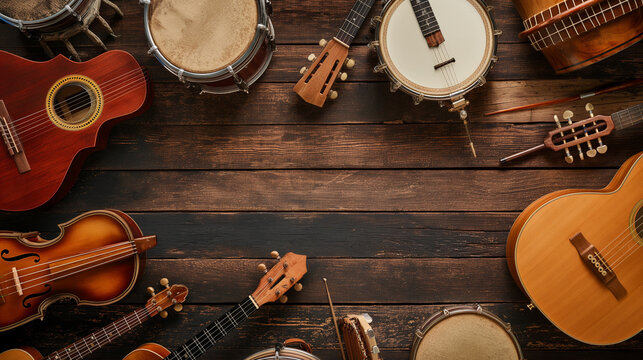 Music lover selecting a new instrument, focused and joyful, upper third copy space