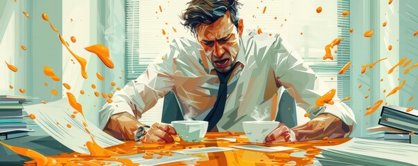 Obraz premium A man is sitting at a desk with a cup of coffee in front of him