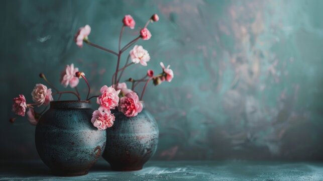 Pink flowers in dark ceramic vases