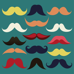 A variety of colorful mustaches against a blue backdrop