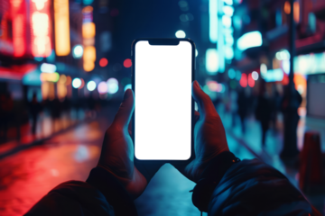 Hands holding smartphone with blank screen on busy city street. Mobile phone with isolated display at night street, mock up for template
