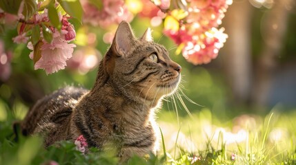 Whiskered Felidae cat exploring under a canopy of pink blossoms, surrounded by vibrant green grass in the warm sunlight