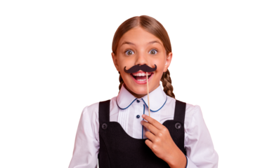 Close-up portrait of her she nice attractive lovely charming cute cheerful cheery overjoyed crazy pre-teen blonde girl having fun making false mustache isolated on bright vivid shine orange background