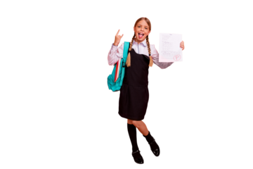 Full length body size view of nice attractive cheerful cheery naughty glad pre-teen girl demonstrating failure grade having fun showing horn sign isolated on bright vivid shine orange background