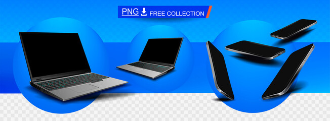 Stylish set of modern gadgets on transparent background. Presentation new phone model with laptop. Free collection of gadgets from different angles. Advertising template with modern digital devices
