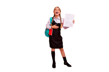 Full length body size view of nice attractive lovely cheerful cheery glad pre-teen girl holding in hand failure grade score having fun isolated on bright vivid shine orange background