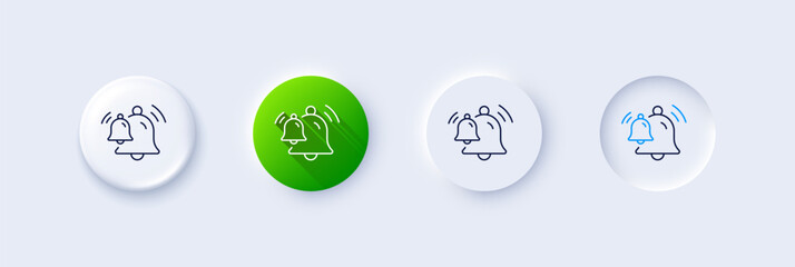 Bells line icon. Neumorphic, Green gradient, 3d pin buttons. Alarm reminder sign. Notification symbol. Line icons. Neumorphic buttons with outline signs. Vector