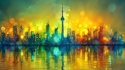 Obraz premium Beautiful modern city illustration with skyscrapers. Eco green living environment concept 