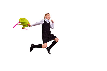Full length body size view of her she nice attractive cheerful cheery pre-teen girl having fun...