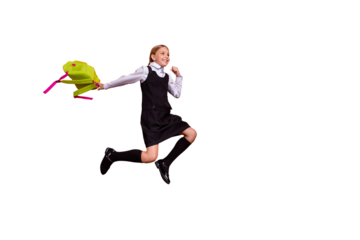 Full length body size view of her she nice attractive cheerful cheery pre-teen girl having fun after lesson active motion movement going home isolated on bright vivid shine orange background