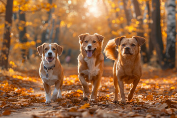 Three Dogs Walking Through Golden Autumn Leaves
