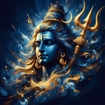 modern beautfiul blue and golden oil paint brush stroke art of lord shiva with trishul