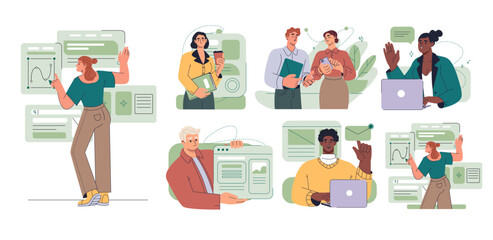 Set of scenes at office. People engaged in business activity, communicate with colleagues, present project and develop growth strategy. Flat vector illustration collection isolated on white background