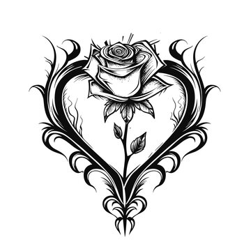 recommend clip art: A rose is drawn in the center of a heart. The rose is surrounded by a design that looks like a flower with thorns. The design is black and white