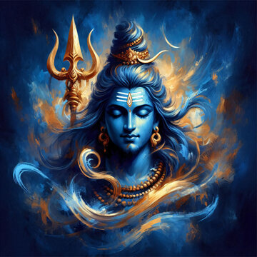modern blue and golden oil paint brush stroke art of lord shiva sitting with trishul on blue background