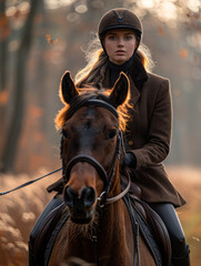 Fototapeta premium A woman is riding a horse in a forest