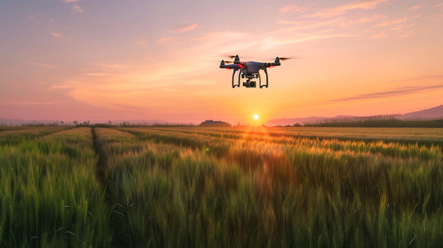 Farmer using a drone to monitor crops and manage irrigation in a large agricultural field at sunset. Modern technology supports precise farm management.