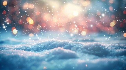 Snow-covered landscape with festive Christmas ornaments.