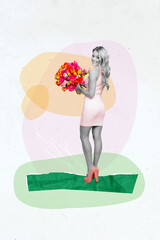 Vertical collage picture stunning gorgeous young female enjoy spring coming go date carry big bunch...