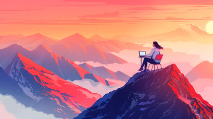 Fototapeta premium young professional woman woeking at a desk on the top of a mountain