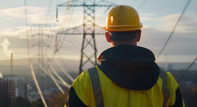 Man Looking at Electrical Pylon Field.