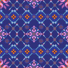 Traditional cloth pattern ethnic sarong Cross stitch pattern in horizontal Pixel Seamless Vector format using geometric shapes arranged in various shapes seamless knitted pattern with embroidery