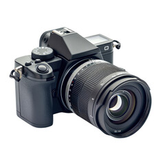 Fototapeta premium Close-up of a modern digital camera with a large lens, showcasing its sleek design and advanced features for high-quality photography.