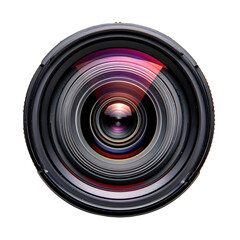 Close-up of a professional camera lens with reflections, showing intricate details and colorful highlights in the glass elements.