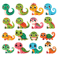 cute reptiles animal cartoon icon collection