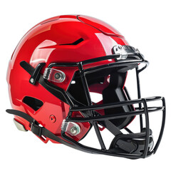 Fototapeta premium Close-up shot of a red football helmet with a sleek visor and protective faceguard, isolated on a white background.