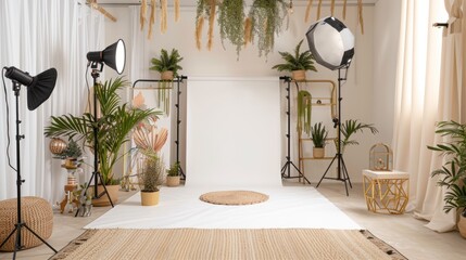 Interior of a modern Professional photo studio with a white background for a photography studio with soft box lights and lighting equipment for a product. Blank backdrop for mockup design.