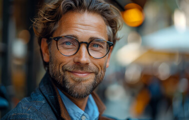 Obraz premium A man with glasses is smiling and looking at the camera