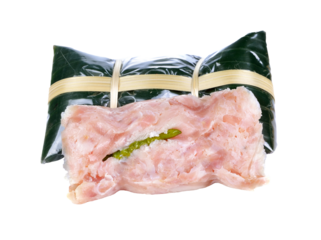 Sour pork : Thai northeastern style food which mixed pork rice garlic sugar and salt in banana leaf package.