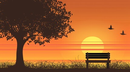 Sunset Silhouette with a Lonely Bench