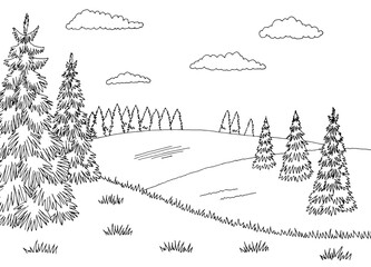 Obraz premium Fir forest on the hill graphic black white landscape sketch vector