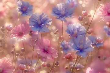 Delicate Blue and Pink Wildflowers Blooming in a Summer Meadow