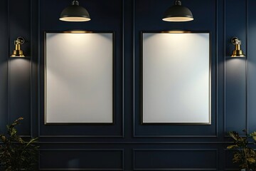 A chic office with a dark blue wall featuring two empty frames in a vertical arrangement, each highlighted by individual spotlights for a sophisticated touch.