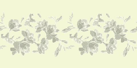 Beautiful monochrome pixel flowers on light yellow background. Seamless  geometric  vector Border with graphic illustration texture for wallpaper, home decor and fashion.