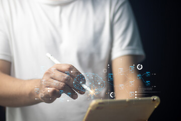 Businessman and robot touching AI digital screen. Concept icon: artificial intelligence, innovative technology, future, internet network communication. Financial graph.