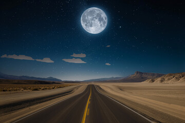 Fototapeta premium Picture a surreal landscape where a deserted highway stretches towards the horizon under a starry night sky