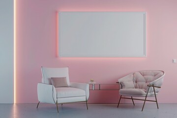 A chic living room with a rose pink accent wall, a single large empty frame above a minimalist armchair, softly illuminated.