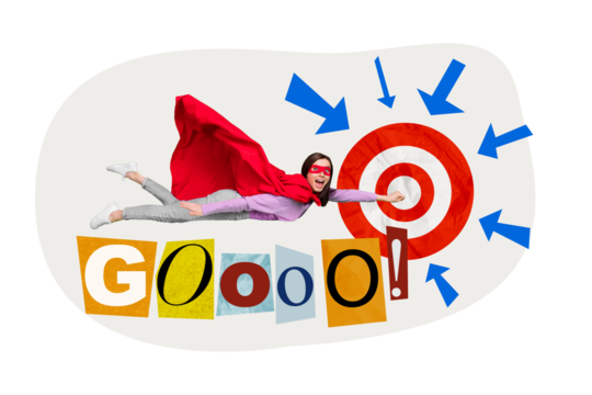 Creative abstract photo concept collage of funky super girl wear red cloak mask flying striving for goal isolated colorful background