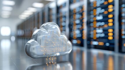 Modern cloud computing concept with data servers in the background, showcasing cloud technology and digital storage solutions.