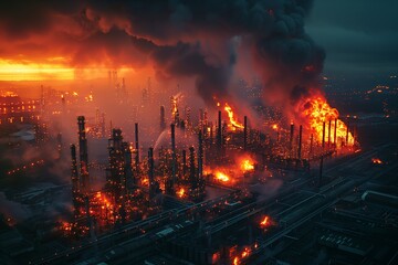 Fototapeta premium Oil Refinery Fire Aerial Shot: Vibrant, Tilt-Shift Horror Film Scene