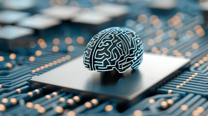 A digital brain model integrated into a circuit, highlighting the concept of artificial intelligence and advanced technology.