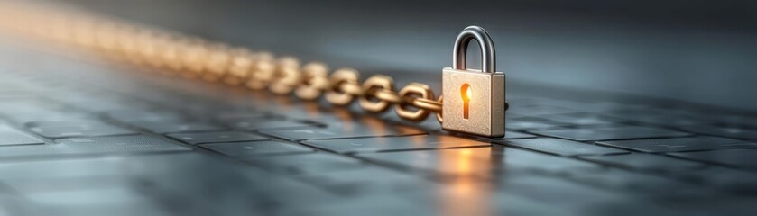 Fototapeta premium Close-up of a padlock and chain on a keyboard symbolizing internet security, data protection, and online privacy.
