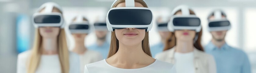 Naklejka premium Group of people wearing virtual reality headsets, immersed in a digital experience, standing in a futuristic space.