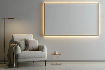 A chic living room with a light grey accent wall, a single large empty frame above a modern armchair, softly illuminated.
